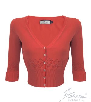 Women's cardigan sweater with 3/4 sleeves, coral