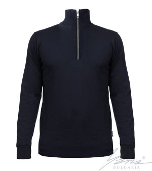 Men's thick wool zip up cardigan sweater in dark blue